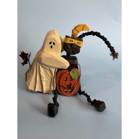 Vintage Folk Art Hand-Carved Ghost Cat Pumpkin Halloween Figurine Fabriche Wire - Picture 6 of 7